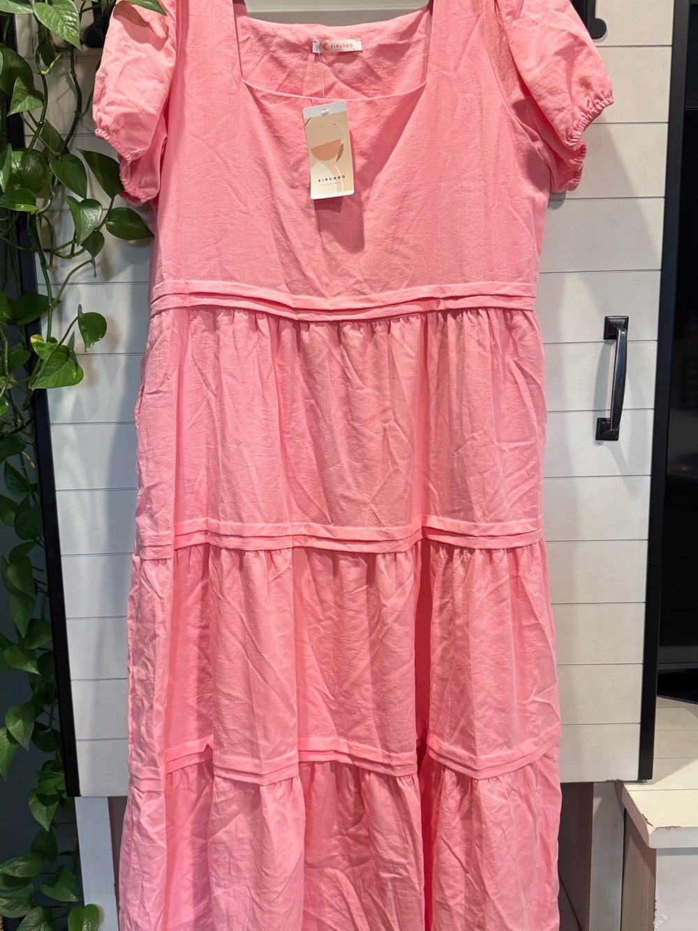 Square Neck Puff Sleeve Tiered Maxi Dress in Coral Pink - Picture 3 of 3